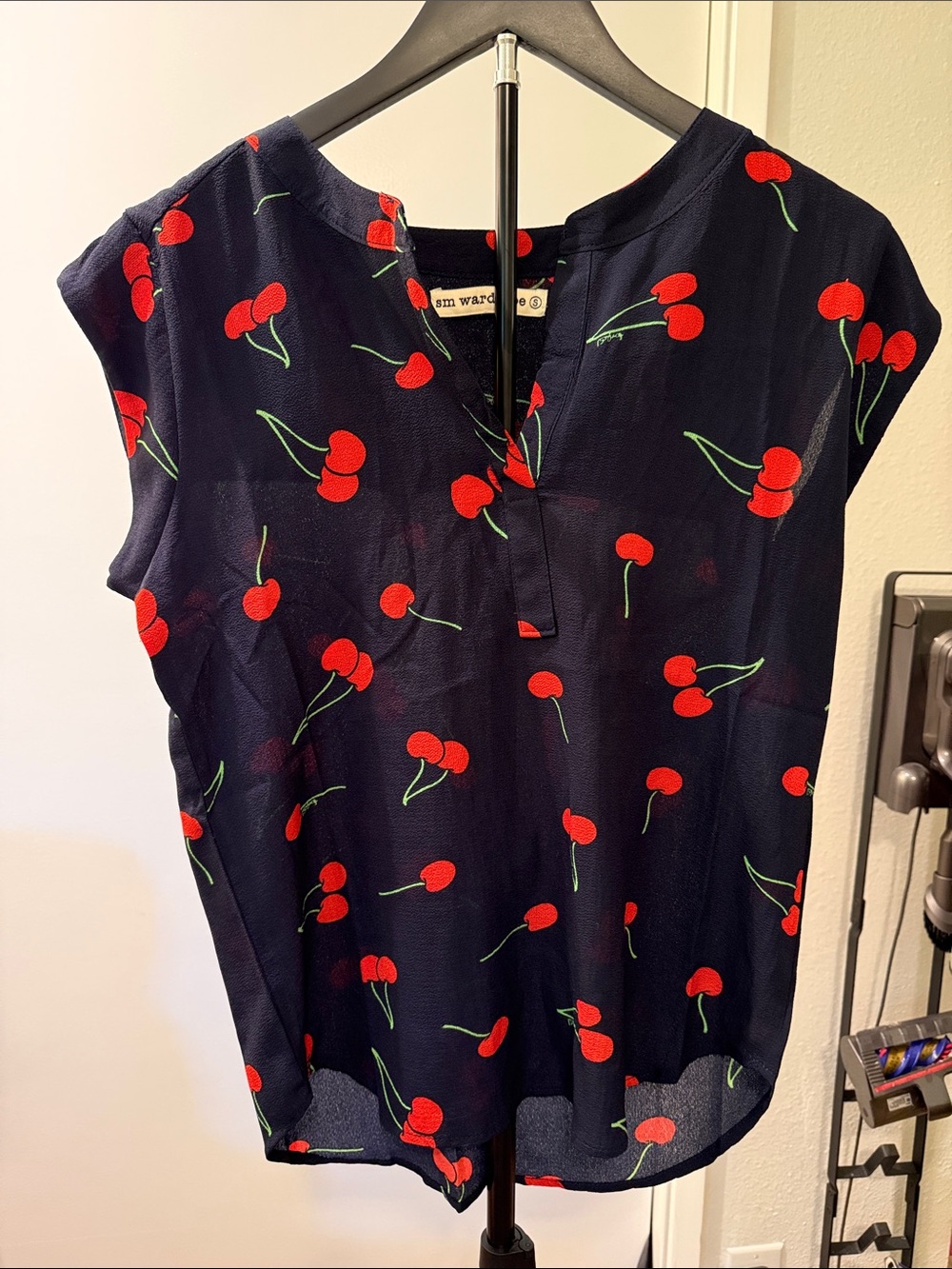 sm wardrobe Navy Cherry Print Blouse with Notch Neck size S NWOT